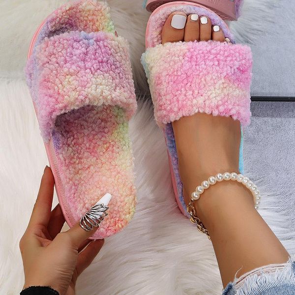 

slippers 2021 cotton women's winter indoor lovely home couple warm rainbow color wool, Black