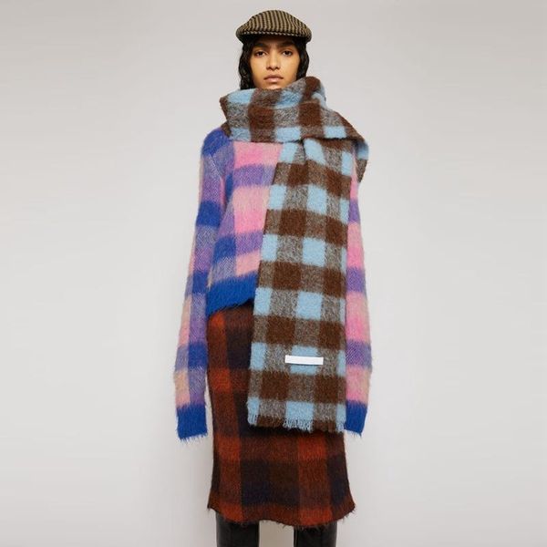 

scarves 2021 women plaid scarf winter pashmina shawls cashmere thick wraps lady tassel warm rainbow hairy, Blue;gray