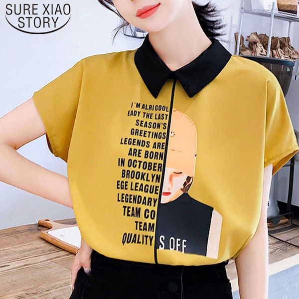 

casual fashion women chiffon short sleeve shirt turn-down collar spliced women yellow white letter women clothing 5383 50 210527