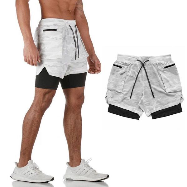 

men 2 in 1 training shorts running sports fitness camouflage pants zipper pocket est men's, White;black