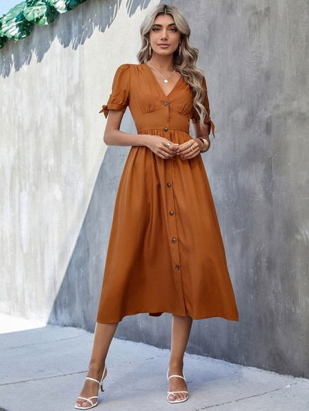 

solid button front ruched bust v-neck a-line dress s35k#, Black;gray