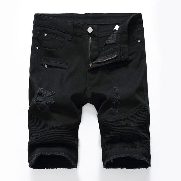 

men's jeans summer denim shorts hole streetwear male mid slim solid color destroyed, Blue