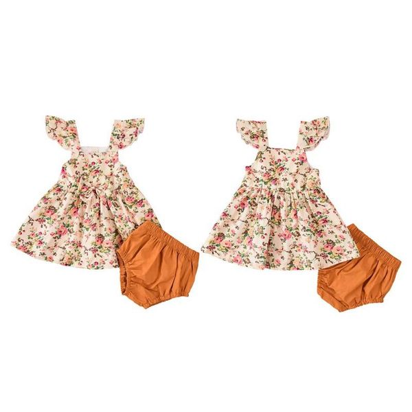 

born baby girl clothes set cotton floral print ruffle sleeve princess dress +triangle shorts clothing outfits sets, White