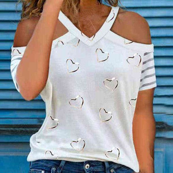 Sommer Off Schulter T Shirt Mode Aushöhlen V-ausschnitt Kurzarm Casual Tops Liebe Pailletten Lose Damen T-shirt Frauen T g220228