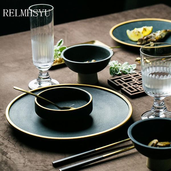 

dishes & plates 1pc relmhsyu european style ceramic golden inlay light round steak plate small dish rice bowl restaurant household tab