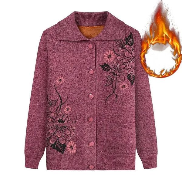 

women's knits & tees elegant printing thicken warm sweater cardigan women middle old aged mom plus size 4xl knitting jacket casual coll, White