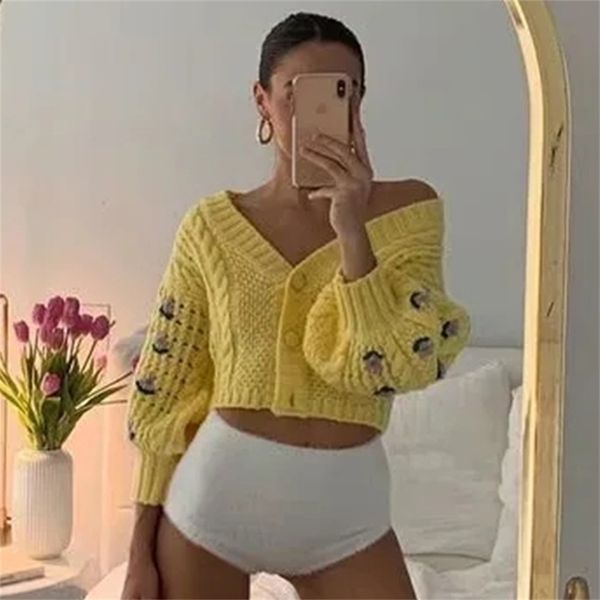 

foridol flower crochet yellow knitted cropped cardigan women casual oversized short sweater cardigan vintage lantern sleeve 210415, White;black
