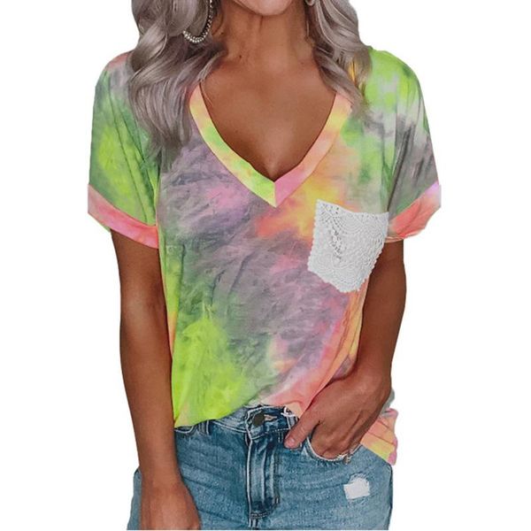 

women's t-shirt fashion tie-dye printing v-neck short-sleeved, White