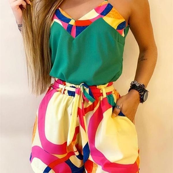 

spaghetti strap print two-piece set casual summer 2 piece outfits for women, White