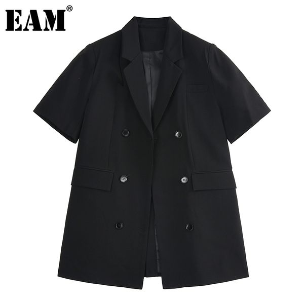 

[eam] women black pocket big size casual blazer lapel short sleeve loose fit jacket fashion spring summer 1dd7872 210512, White;black