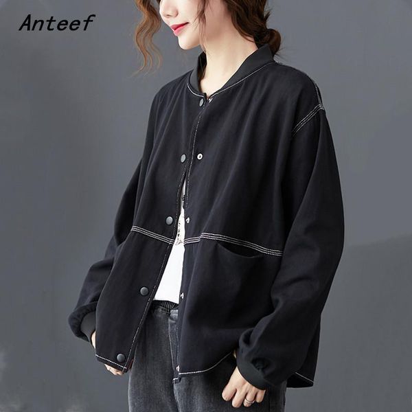 

women's jackets anteef cotton oversize for women causal loose spring autumn baseball jacket coat 2021 cardigan clothes outerwear, Black;brown