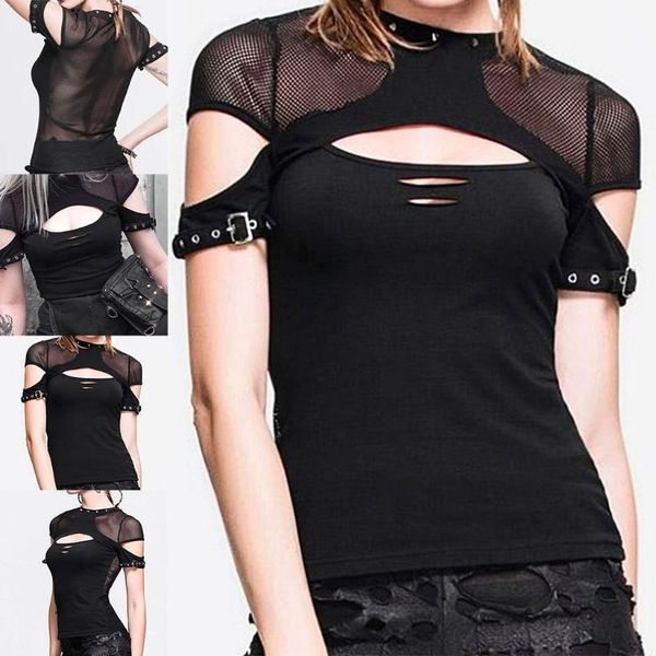 

women gothic punk short sleeve black t-shirt rivets o-neck mesh patchwork tee hollow out ripped hole harajuku women's, White