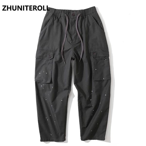 

men hip streetwear cargo pants multi pockets harajuku joggers track trousers elastic waist tactical men's, Black