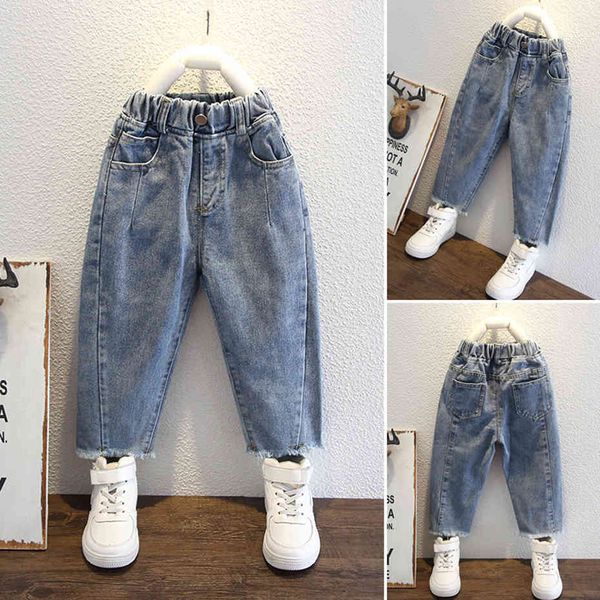 Разорванный повседневный стиль джинсы весна осень девочка одежда 210412