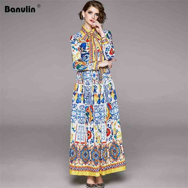 

banulin spring fashion designer maxi dress women's long sleeve boho colorful flower bow print holiday long pleated 210603, Black;gray