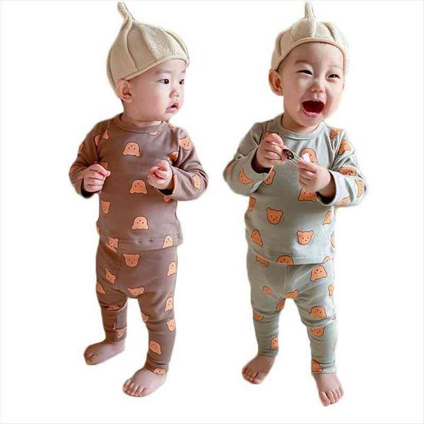 

spring kids baby cute bear print long sleeve and pant pure cotton pajamas boys girls clothes set, White