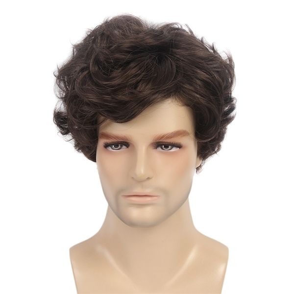 

handsome brown fashion men's short curly hair oblique bangs wig, Black