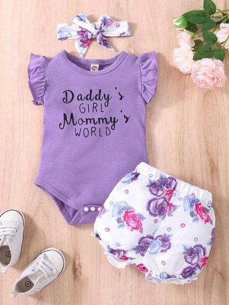 

baby letter graphic bodysuit & floral print shorts with headband she, White