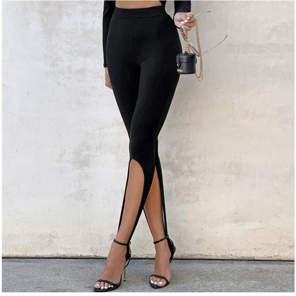 

women's pants & capris 2021 women knit solid high slit spring summer legging streetwear party waist trousers for woman, Black;white