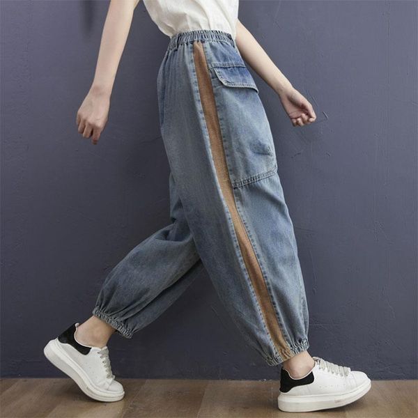 

women's jeans arrival spring summer women elastic waist ankle-length cotton denim harem pants double pocket loose vintage v337, Blue