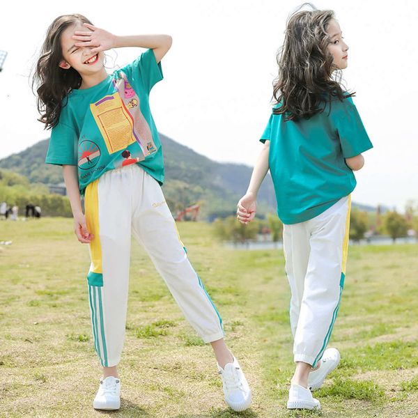 

girls' summer suit yangqi net red children's wear medium and large short sleeve sports two piece set, White