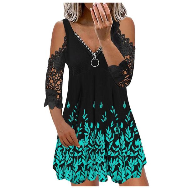 

casual dresses summer fashion for women v-neck zipper camisole print short sleeve dress lace hollow out loose party mini, Black;gray