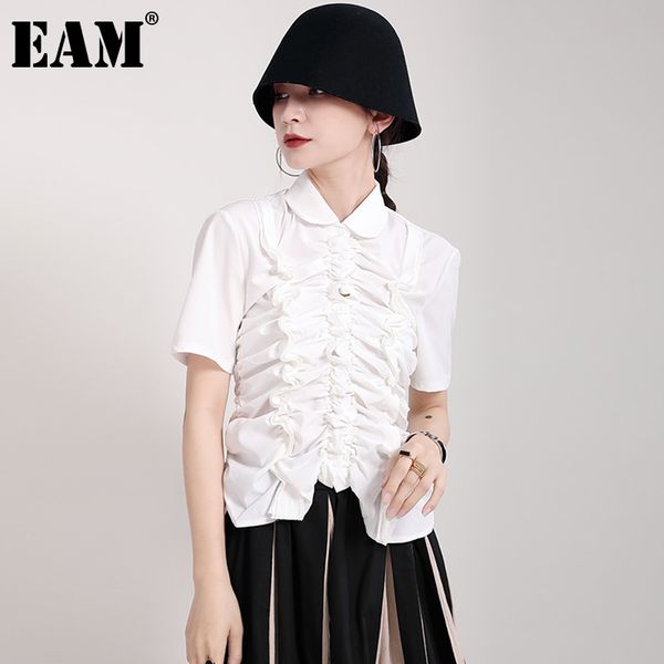 

[eam] women white pleated slim casual blouse lapel short sleeve loose fit shirt fashion spring summer 1dd8145 210512