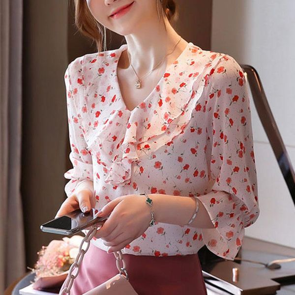 

chiffon shirt summer blouse for women 2021 floral short korean clothing three-quarter sleeve clothes ruffles 0687 women's blouses & shi, White