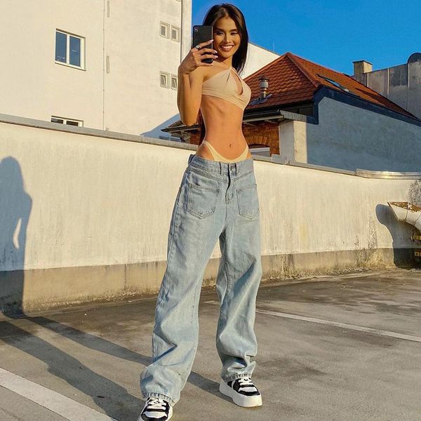 

women's jeans pockets front fashion wide leg straight women casual high waist baggy loose long denim trousers oversize pants, Blue