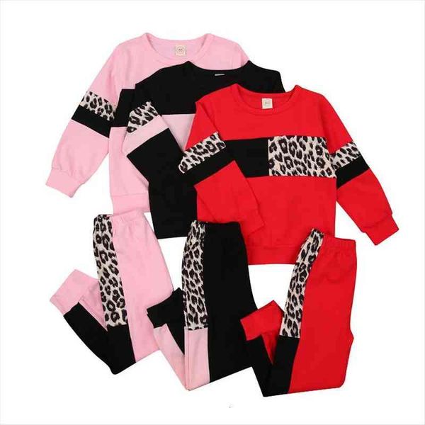 

1-5y fashion girls ces sets spring fall kids baby patchwork leopard print sweatshirts pants children tracksuits, White