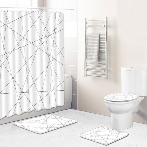 

shower curtains random pattern delivery abstract geometric lines bathroom waterproof curtain 4pcs set toilet cover mat non-slip