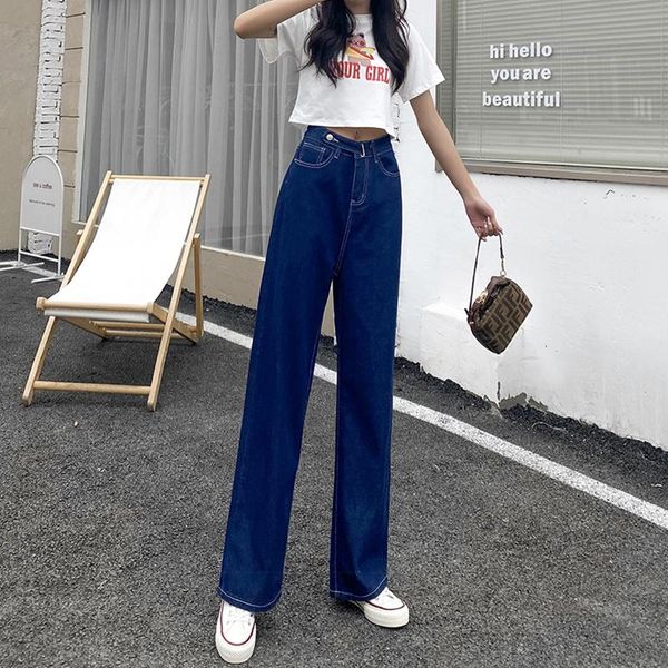 

women's jeans shnsophi streetwear women wide leg high waist loose straight dark blue long denim pants retro female chic ladies trousers