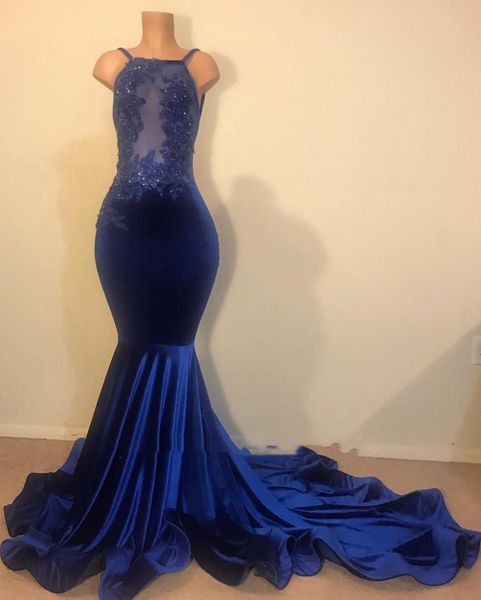 

aso ebi 2021 arabic plus size royal blue mermaid evening dresses backless lace beaded velvet prom formal party second reception bridesmaid g, Black;red
