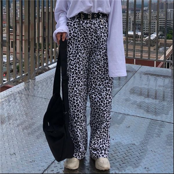 

womens capris loose fit animal print leopard pants with elastic waist women hip hop long trousers harajuku streetwear, Black;white