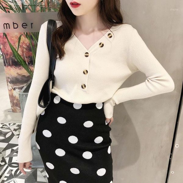 

women's sweaters v-neck solid color casual long sleeve pullovers button knitted clothing fashion brand korean style modis, White;black