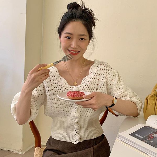 

women's knits & tees south korean chic summer gentle v-neck thinner thin section buckle waist hollow puff sleeve knit sweater women, White