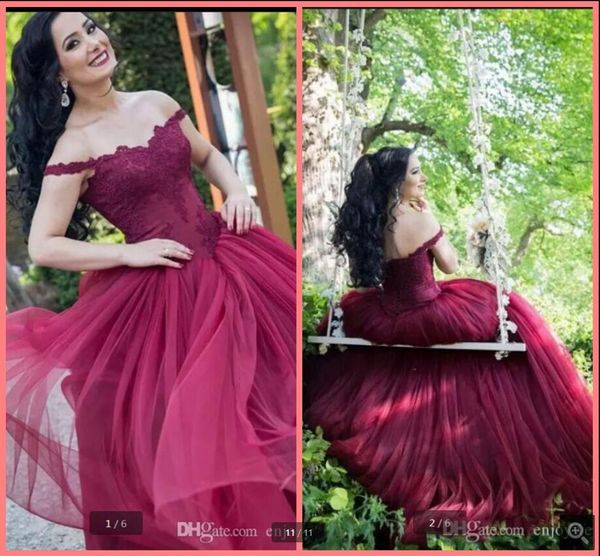 

2021 robe de soiree burgundy tulle ball gown prom dresses off the shoulder vintage lace appliques party gowns sweet 16 princess puffy quince, Black