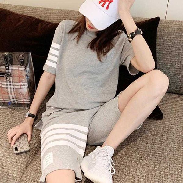 

two piece dress stripe printed sports suit female biker shorts 2 outfits for women summer loose running casual womens tracksuit se, White