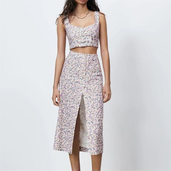 

women summer print 2-piece sets za short tank and split fork skirts female fashion vintage two-piece set suits clothes 210513, White