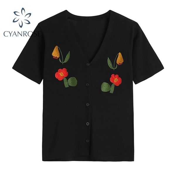 

women single breasted floral embroidery knitted blouse summer elegant fashion v neck shirt all-match chic short sleeve 210515, White