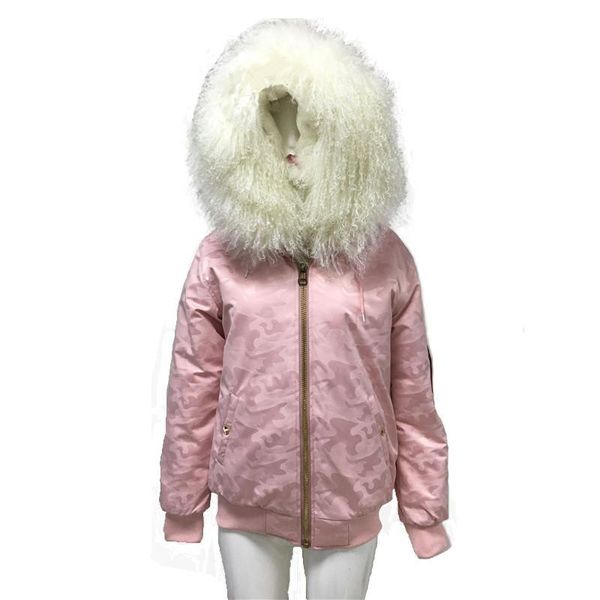 

women's jackets pink camouflage short jacket for women rice white real lamb fur collar sleeve side zipper s-4xl faux lining coat, Black;brown
