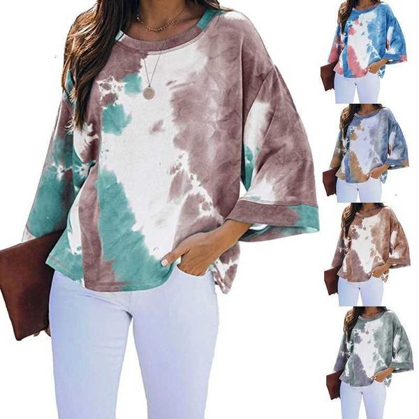 

women's t-shirt autumn winter tie-dye print t-shirt women casual o neck flared long sleeve loose ladies tee plus size lady gradient ts, White