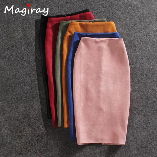 

magiray harajuku high waist pencil skirt women split suede knee length autumn winter vintage black pink c465 skirts