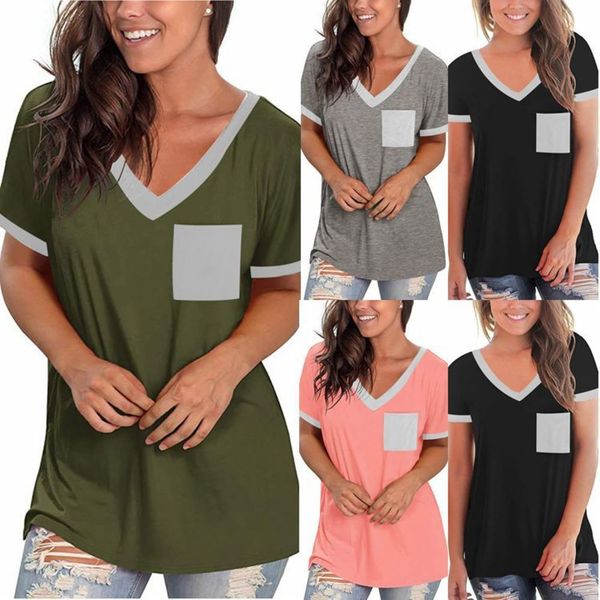 

women's t-shirt 2021 v-neck pocket color matching short sleeve b0g6, White