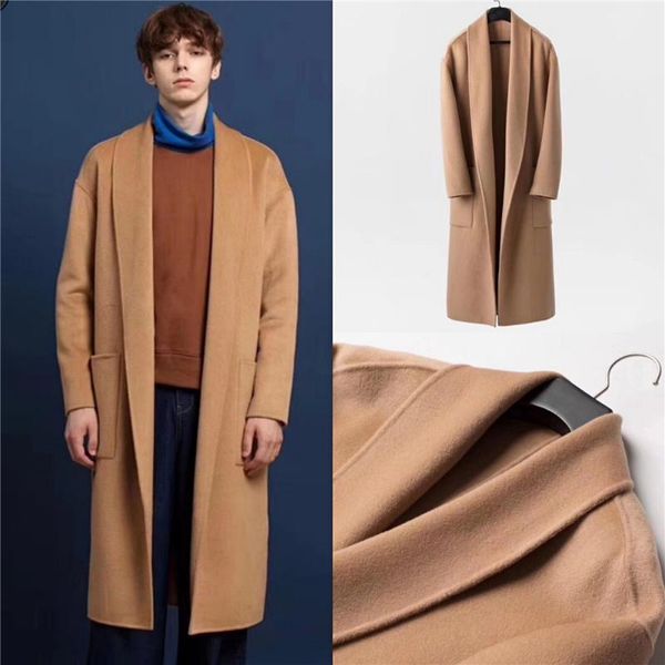 

men's wool & blends winter woolen coat 2021 england style casual solid thick plus belt v-neck formal, Black