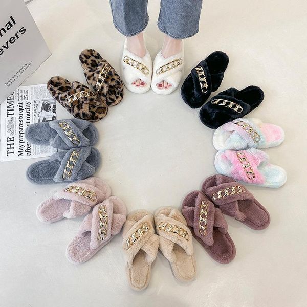 

slippers fluffy flip flops furry chain plush house women cozy fur slides diamond open toe faux indoor warm shoes, Black