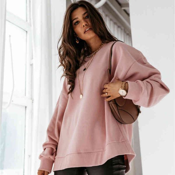 

women new casual pullover hoodies solid versatile o-neck batwing sleeve warm streetwear female simple puls size autumn 210412, Black