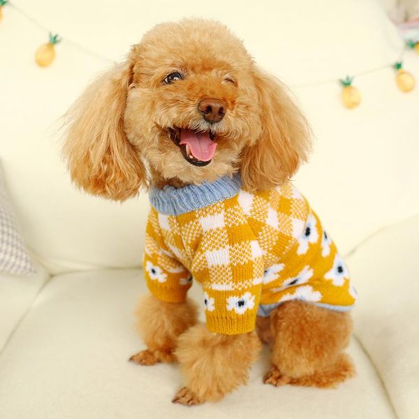 

cat costumes cute red grid dog sweaters autumn yellow flower pet knitwear fashion sweater for teddy bichon pullover christmas