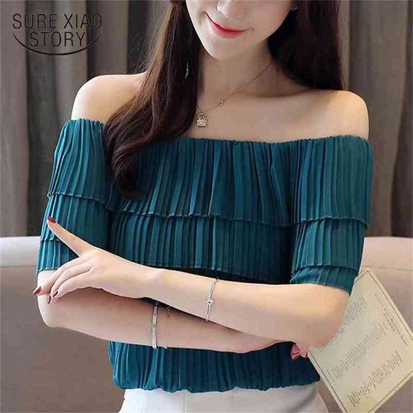

blouses woman summer short sleeve ruffles chiffon women blouse off shoulder solid office ladies 4940 60 210506, White