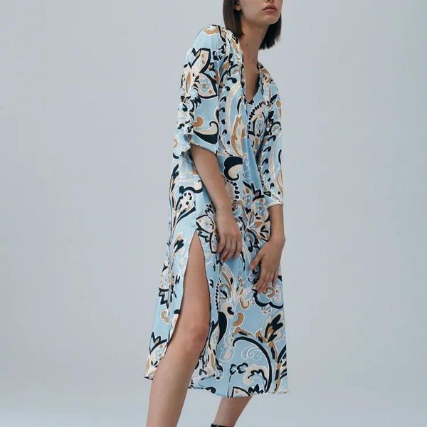 

casual dresses maxi for women 2021 blue print summer dress korean fashion loose v-neck big shirt, Black;gray